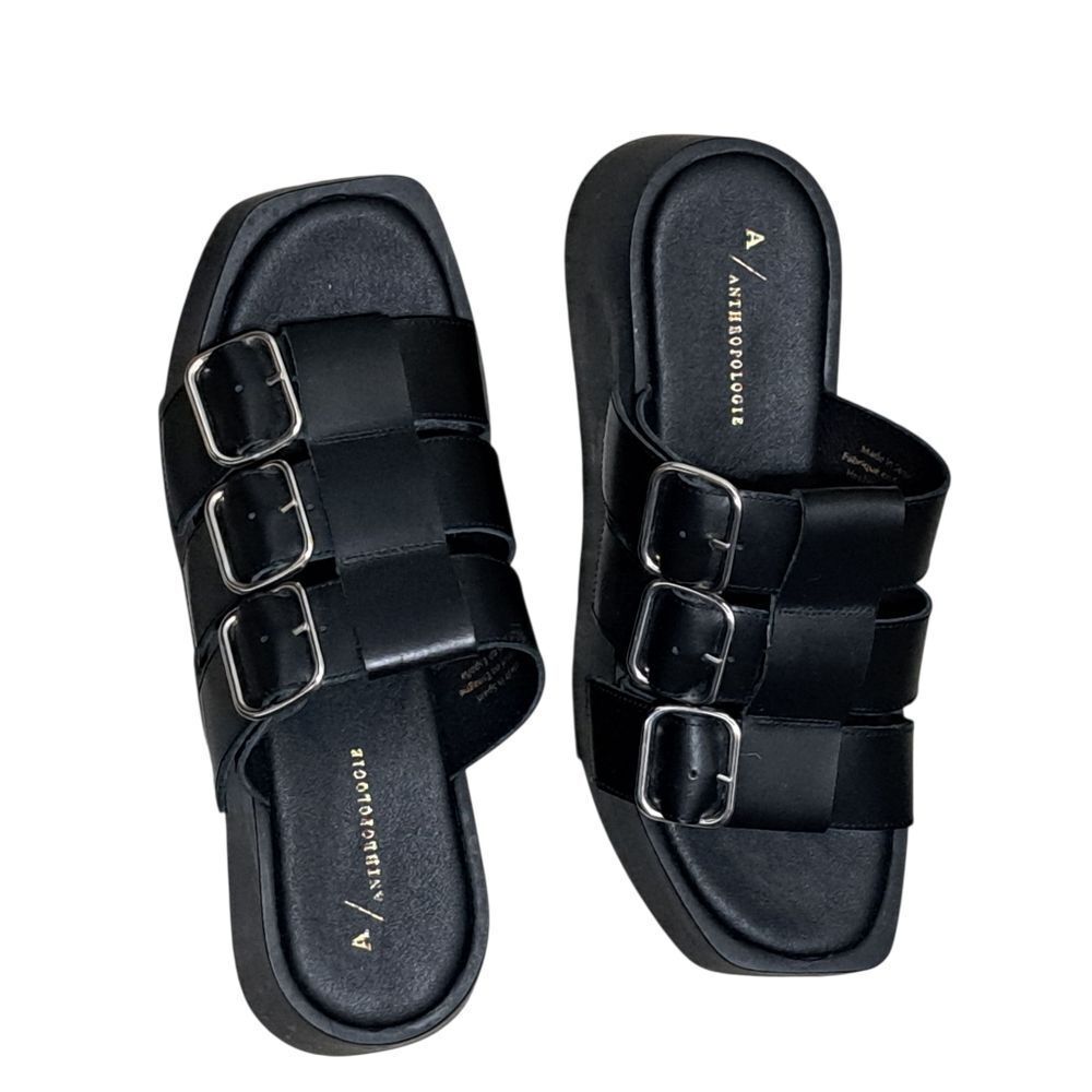 Anthropologie Triple Buckle Straps Chunky Platform Sandals Goth Boho Sz 38 Black - Picture 10 of 16